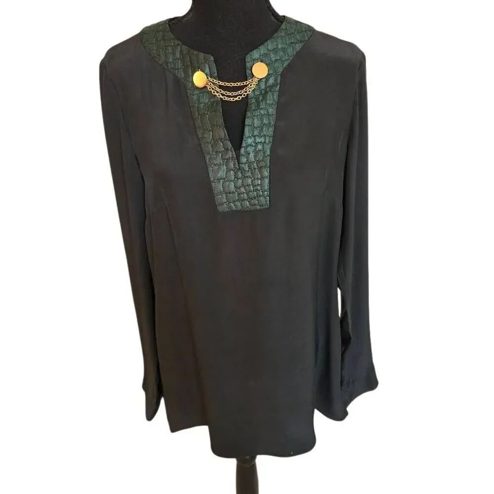 WORTH Womens Split Neck Chain Detail Silk Long Sleeve Blouse Black Green Small